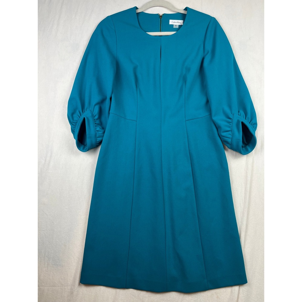 NWT Calvin Klein Womens Teal Blue Puff Sleeve Sheath Dress Size 6 Gold Zip